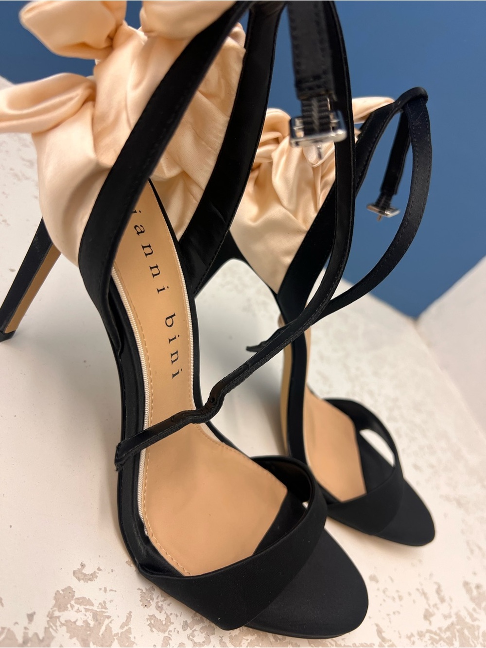 Gianni Bini Black Satin Heels with Cream Bow Accent